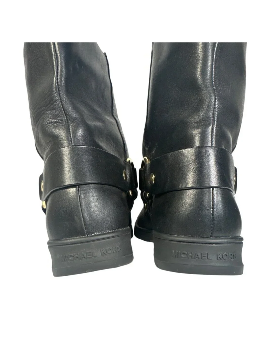 MICHAEL KORS ESSEX ICONIC BLACK GOLD LOGO MOTO BIKER BOOTS Size 7M - Picture 10 of 13